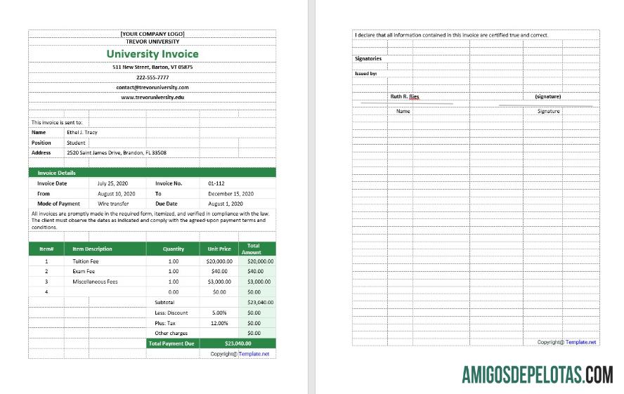 realista Modelo de fatura universitária em branco